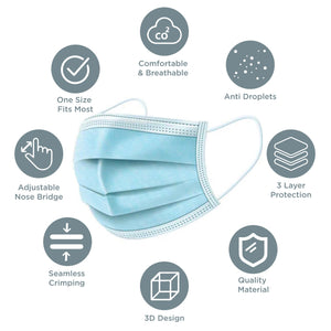Health and Safety-3 Ply Disposable Face Masks with Elastic Ear Loops